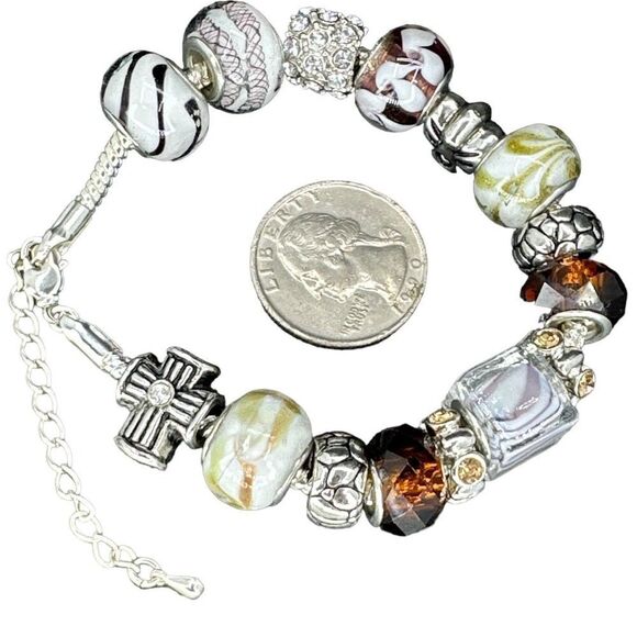 Charm Bracelet Glass Beads Metal Spacer Rib Style Chain Link - Picture 6 of 8